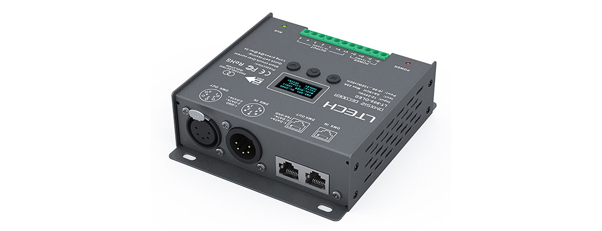 905-OLED  5Ch 5A CV DMX Decoder; 600W Max.Power; XLR-5 & RJ45 Port; Self testing; DMX512/RDM I/P signal; IP20.